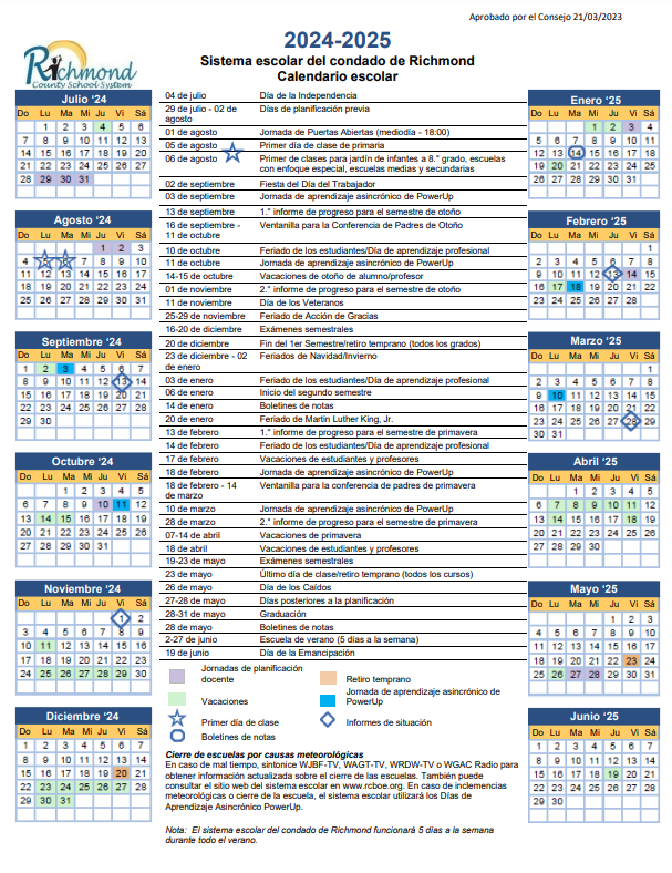 Richmond County School Calendar 2024-25 (Spanish)